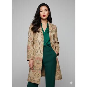 Talbots Coat Womens Size 10P Tan Floral Jacquard Long Sleeve Open Front Overcoat